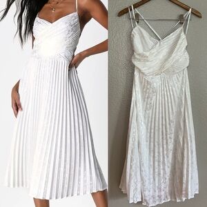 Pleating Up White Satin Jacquard Pleated Midi Dress
